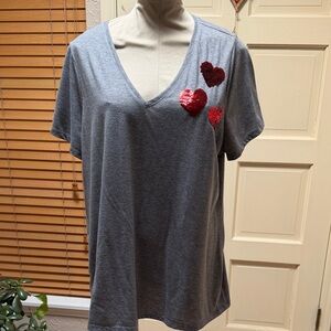 Lane Bryant Gray V-Neck Tee with Red Heart Details